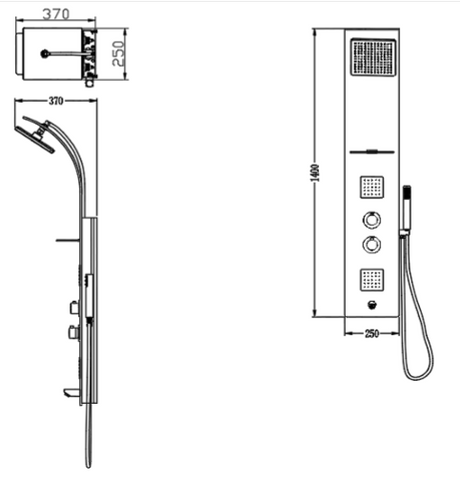 THERMO SHOWER PANEL W/BUTTON SPT - JAQUAR FAUCETS - ( S.STEEL BLACK - GLASS BLACK -1400X250mm - 56inchx10inch )