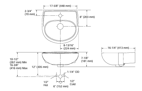 BRIVE+ 450MM WALL MOUNT WASHBASIN LAVATORY WITH SINGLE HOLE - KOHLER POPULAR -  ( WHITE - POPULAR - 450x412 mm - 18inchX16.48inch )