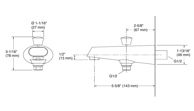 COMPLEMENTRY-BATH SPOUT W/DIVERTER - KOHLER POPULAR -  ( POLISHED CHROME - POPULAR - 0x15 mm - 0inchX0.6inch )
