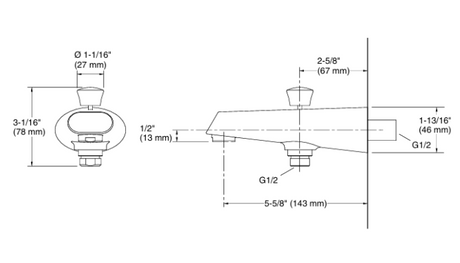 COMPLEMENTRY-BATH SPOUT W/DIVERTER - KOHLER POPULAR -  ( POLISHED CHROME - POPULAR - 0x15 mm - 0inchX0.6inch )