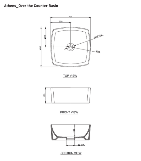 WASH BASIN TABLE TOP ATHENS - HINDWARE -  ( STAR WHITE - ATHENS - 400x400 mm - 16inchX16inch )