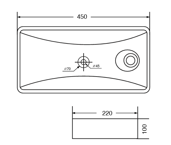 TABLE / WALL MOUNTED CERAMIC WASH BASIN WITH SIDE TAP HOLE RECTANGULAR SHAPE - AQUANT -  ( WHITE -  - 450x220x110 mm - 18inchX8.8inchX4.4inch )