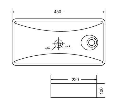 TABLE / WALL MOUNTED CERAMIC WASH BASIN WITH SIDE TAP HOLE RECTANGULAR SHAPE - AQUANT -  ( WHITE -  - 450x220x110 mm - 18inchX8.8inchX4.4inch )