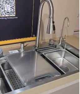 1.0 BOWL MULTIFUNCTION SS KITCHEN SINK WITH PULL OUT MIXER,RO TAP,RINSER,CHOPPING BOARD,DRAIN BASKET,WASTE COUPLING, PLUMBING KIT (DEPTH 9) - FUTURA - (SS SATIN - RAINFALL - 750x450 mm - 30inchX18inch)