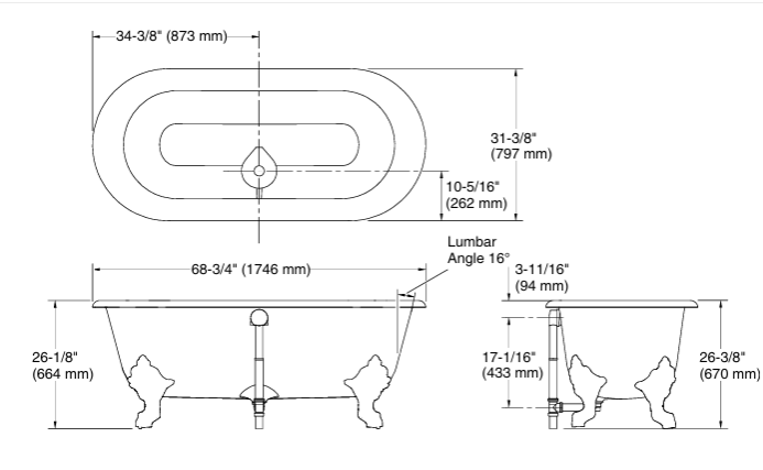 CLEO FREESTANDING CAST IRON BATH TUB - KOHLER LUXURY -  ( WHITE - LUXURY - 1750x800 mm - 70inchX32inch )