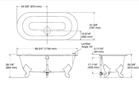 CLEO FREESTANDING CAST IRON BATH TUB - KOHLER LUXURY -  ( WHITE - LUXURY - 1750x800 mm - 70inchX32inch )