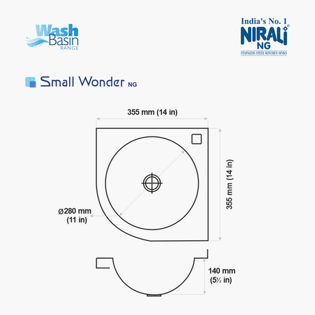 SS SINK CORNER WALL MOUNTED (DEPTH 5.5  )SMALL WONDER - NIRALI -  ( SATIN - WASH BASIN RANGE - 355x355 mm - 14inchX14inch )