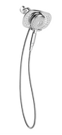Chrome shower head with flexible hose on a white background