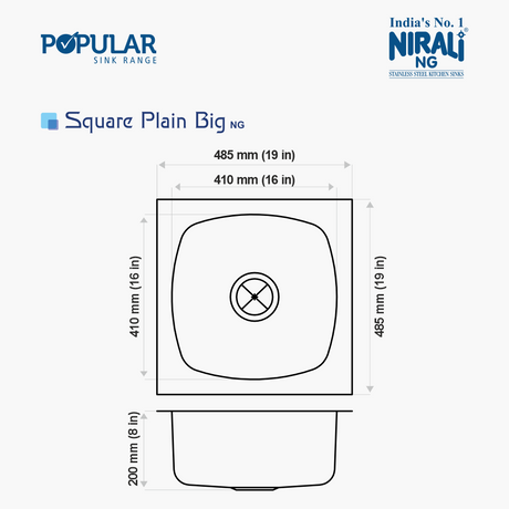 SS SINK 1.0 BOWL W/O DRAIN BOARD (DEPTH 8  )SQUARE PLAIN BIG - NIRALI -  ( SATIN - POPULAR SINK RANGE - 485x485 mm - 19inchX19inch )