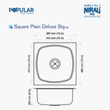 SS SINK 1.0 BOWL W/O DRAIN BOARD(DEPTH 8  ) SQUARE PLAIN DELUXE BIG - NIRALI -  ( SATIN - POPULAR SINK RANGE - 485x485 mm - 19inchX19inch )