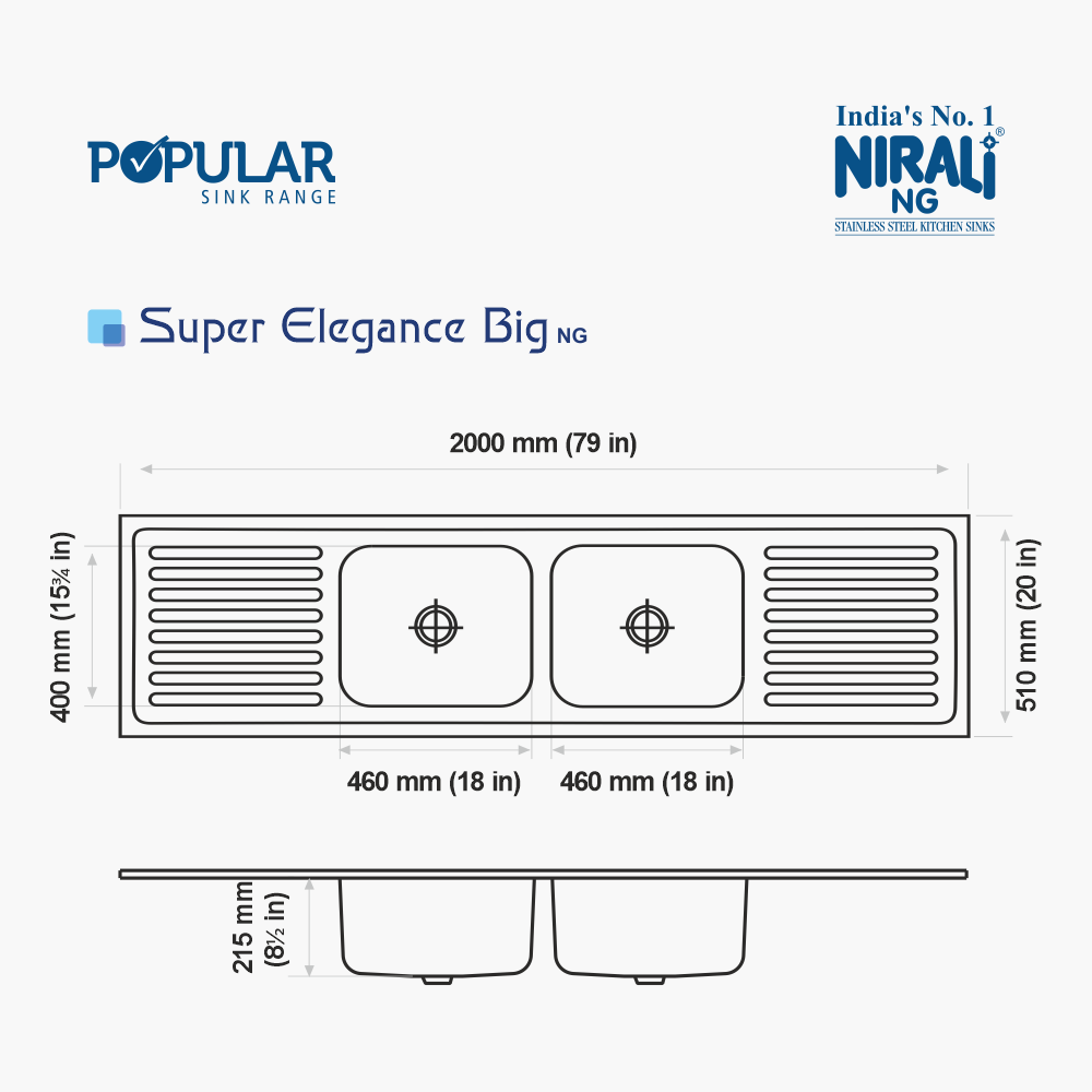 SS SINK 2.0 BOWL WITH 2 DRAIN BOARD(DEPTH 8.5  ) SUPER ELEGANCE BIG - NIRALI -  ( SATIN - POPULAR SINK RANGE - 2000x510 mm - 79inchX20inch )