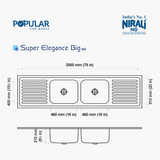 SS SINK 2.0 BOWL WITH 2 DRAIN BOARD(DEPTH 8.5  ) SUPER ELEGANCE BIG - NIRALI -  ( SATIN - POPULAR SINK RANGE - 2000x510 mm - 79inchX20inch )
