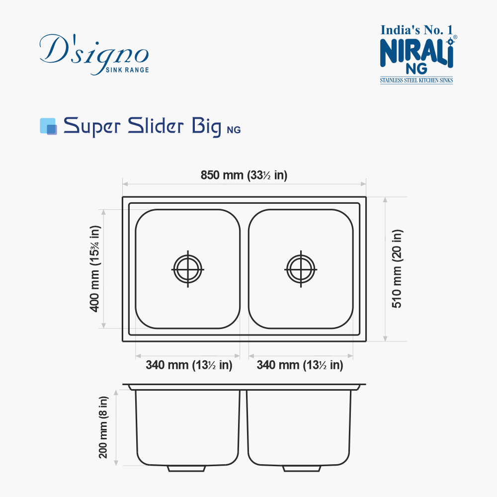SS SINK 2.0 BOWL WITH SLIDING DRAINBOARD (DEPTH 8INCH)SUPER SILDER BIG - NIRALI -  ( ANTI-SCRATCH - D SIGNO - 850x510 mm - 33.5inchX20inch )