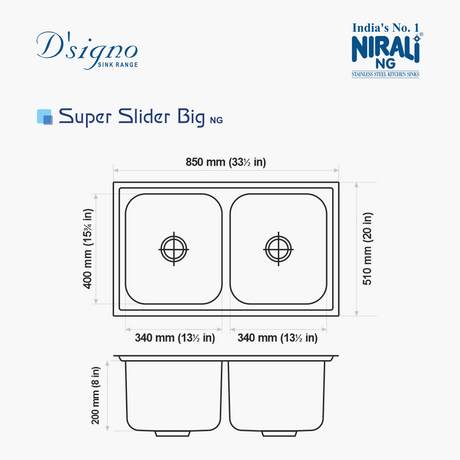 SS SINK 2.0 BOWL WITH SLIDING DRAINBOARD (DEPTH 8INCH)SUPER SILDER BIG - NIRALI -  ( ANTI-SCRATCH - D SIGNO - 850x510 mm - 33.5inchX20inch )