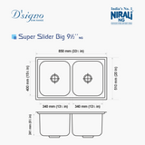 SS SINK 2.0 BOWL WITH SLIDING DRAINBOARD (DEPTH 9.5INCH)SUPER SILDER BIG - NIRALI -  ( SATIN - D SIGNO - 850x510 mm - 33.5inchX20inch )
