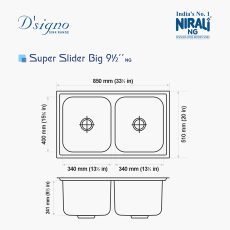 SS SINK 2.0 BOWL WITH SLIDING DRAINBOARD (DEPTH 9.5INCH)SUPER SILDER BIG - NIRALI -  ( SATIN - D SIGNO - 850x510 mm - 33.5inchX20inch )