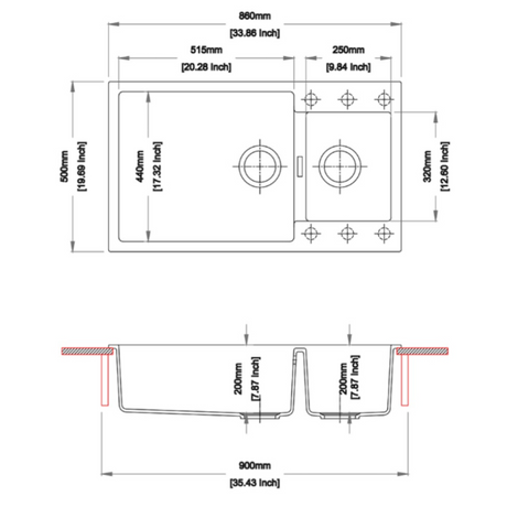 QUARTS 1.5 BOWL W/O DRAIN BOARD (DEPTH.8INCH) - CARYSIL -  ( GRANITE Metallic EXPRESSO - ENIGMA - 860x500 mm - 34inchX20inch )