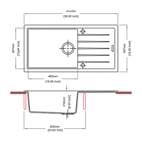 QUARTZ 1.0 BOWL WITH DRAINBOARD(DEPTH 8INCH) - CARYSIL -  ( GRANITE CRATER - VIVALDI - 914.4x457.2 mm - 36inchX18inch )
