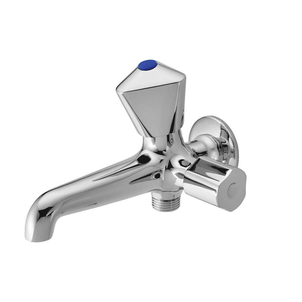 TWO WAY LONG BODY BIB COCK WITH BUTTON AND WALL FLANGE - ESSCO FAUCET -  ( CHROME - TROPICAL - 0x0 mm - 0inchx0inch )