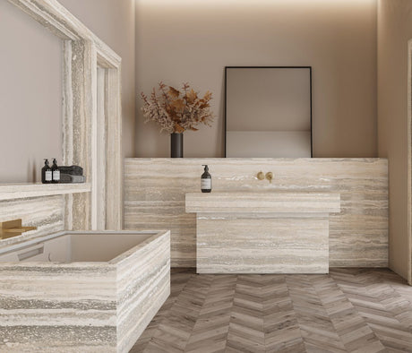 TRAVERTINE LAKSHORE CRESTAMATTE WITH SHIMMER - PORCEKO -  (  - NEOTERIC - 3000x790x15 mm - 118.11inchX31.1inchX0.6inch )