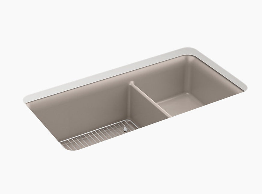 CAIRN NEOROC QUARTZ UNDERMOUNT DOUBLE OFFSET SINK W/RACK - KOHLER LUXURY - (MATTE TAUPE - LUXURY - 851x465 mm - 34inchX18.6inch)