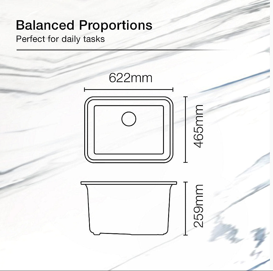 CAIRN 24INCH NEOROC QUARTZ UNDERMOUNT SINGLE BASIN W/RACK - KOHLER LUXURY -  ( MATTE GRAPHITE - LUXURY - 622x465 mm - 24.8inchX18.6inch )