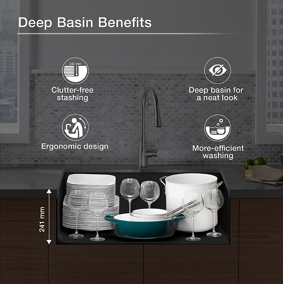 CAIRN NEOROC QUARTZ UNDERMOUNT DOUBLE OFFSET SINK W/RACK - KOHLER LUXURY -  ( MATTE GRAPHITE - LUXURY - 851x465 mm - 34inchX18.6inch )