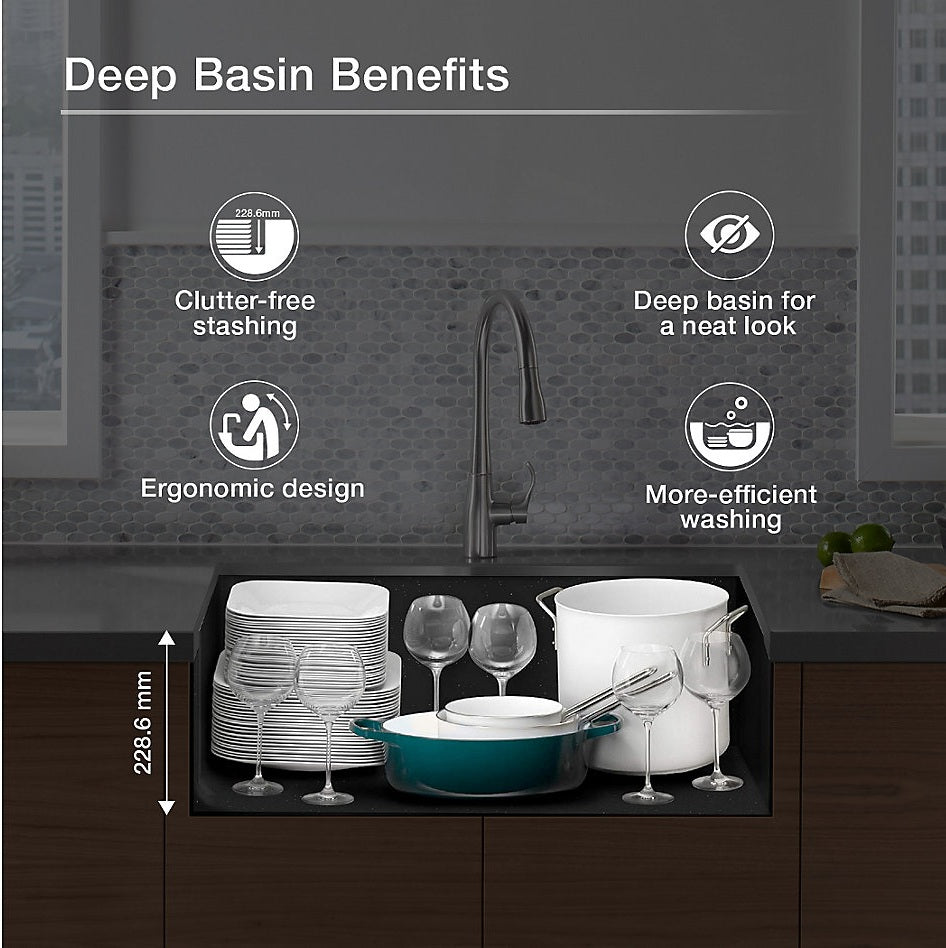 CAIRN 24INCH NEOROC QUARTZ UNDERMOUNT SINGLE BASIN W/RACK - KOHLER LUXURY -  ( MATTE BLACK - LUXURY - 622x465 mm - 24.8inchX18.6inch )