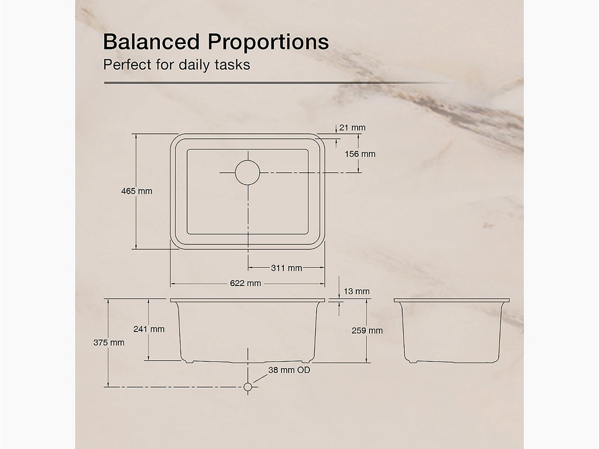 CAIRN 24INCH NEOROC QUARTZ UNDERMOUNT SINGLE BASIN W/RACK - KOHLER LUXURY -  ( MATTE TAUPE - LUXURY - 622x465 mm - 24.8inchX18.6inch )