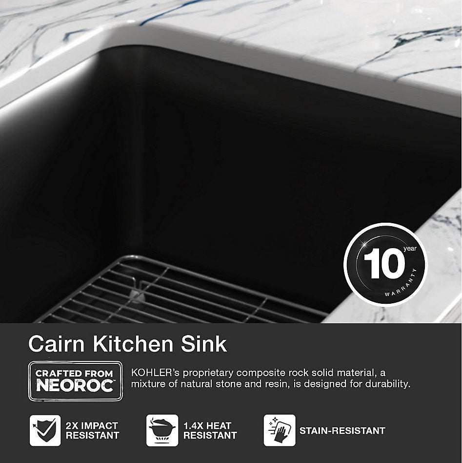 CAIRN 24INCH NEOROC QUARTZ UNDERMOUNT SINGLE BASIN W/RACK - KOHLER LUXURY -  ( MATTE BLACK - LUXURY - 622x465 mm - 24.8inchX18.6inch )