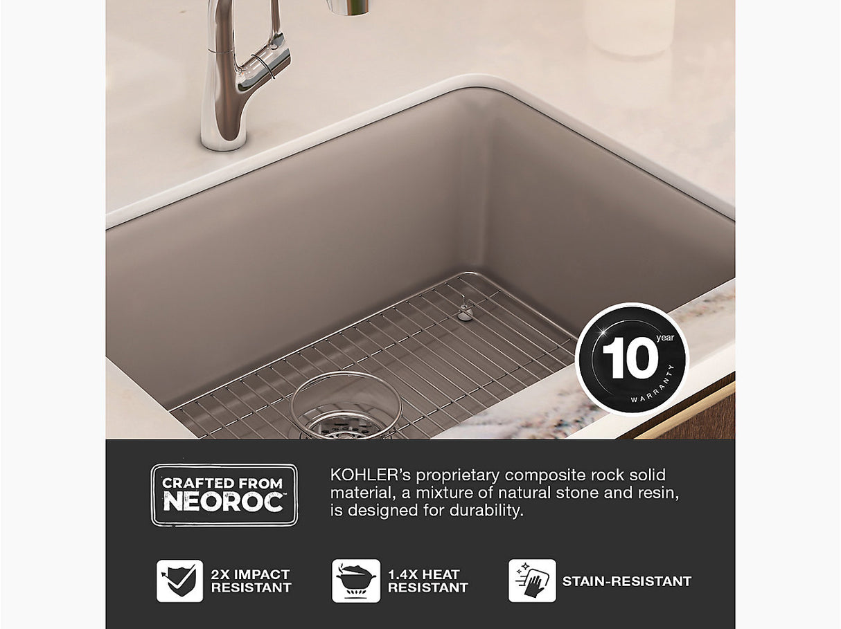 CAIRN 24INCH NEOROC QUARTZ UNDERMOUNT SINGLE BASIN W/RACK - KOHLER LUXURY -  ( MATTE TAUPE - LUXURY - 622x465 mm - 24.8inchX18.6inch )