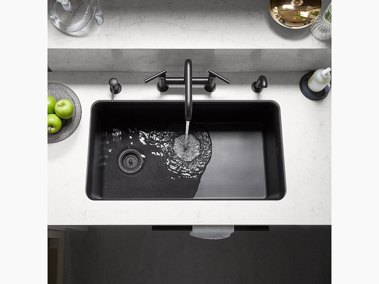 CAIRN NEOROC QUARTZ UNDERMNT SINGLE BASIN SINK W/RACK - KOHLER LUXURY -  ( MATTE BLACK - LUXURY - 851x465 mm - 34inchX18.6inch )