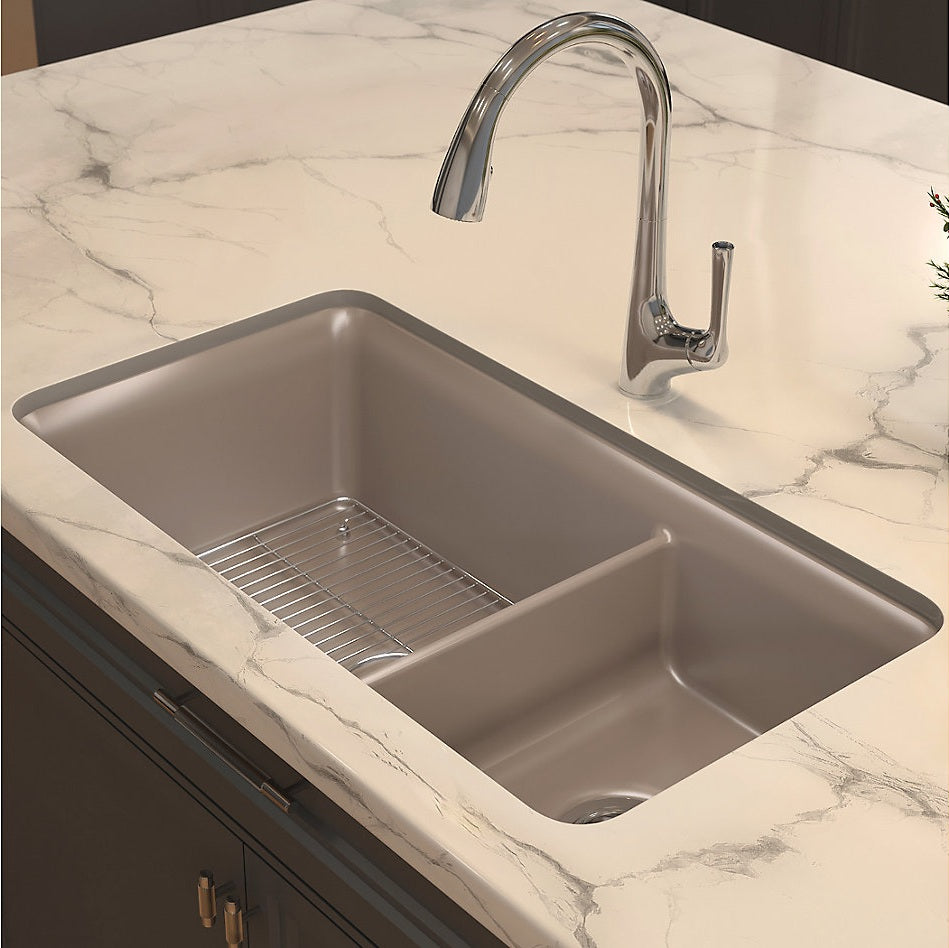 CAIRN NEOROC QUARTZ UNDERMOUNT DOUBLE OFFSET SINK W/RACK - KOHLER LUXURY - (MATTE TAUPE - LUXURY - 851x465 mm - 34inchX18.6inch)