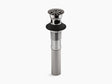Stainless steel sink drain with black overflow on a white background