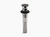 Stainless steel sink drain with black overflow on a white background