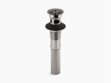 Stainless steel sink drain with black overflow on a white background