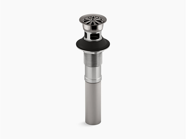 Stainless steel sink drain with black overflow on a white background