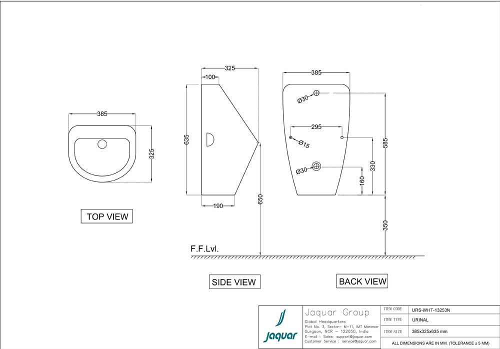 URINAL COMPACT BACK IN CONC.OUT W/ACCE - JAQUAR SWARE -  ( WHITE - URINAL - 385x325 mm - 15.4inchX13inch )