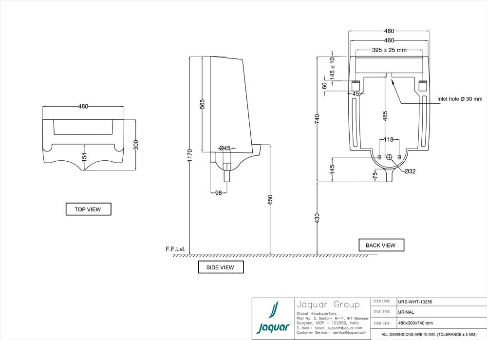 URINAL SENSOR BUT W/O SENSOR KIT - JAQUAR SWARE -  ( WHITE - URINAL - 740x300 mm - 29.6inchX12inch )