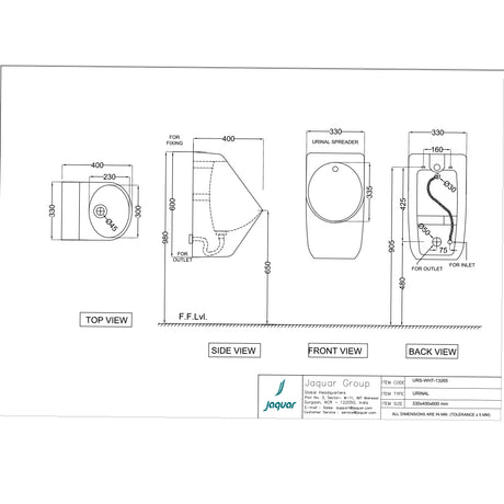URINAL WITH SPREADER AND FIXING ACCESSORIES SET - JAQUAR SWARE - ( WHITE - URINAL - 330x400 mm - 13.2inchX16inch )