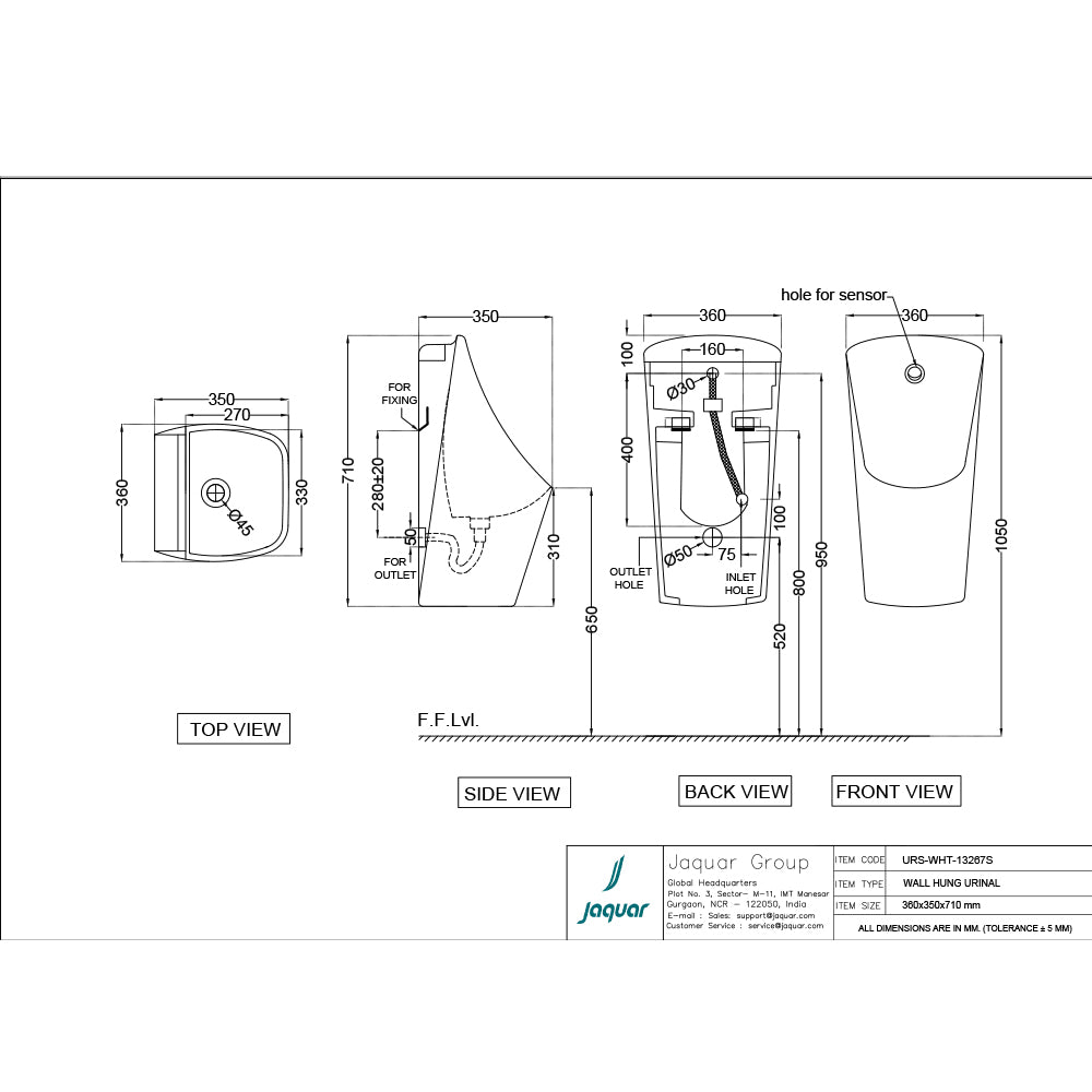 URINAL WITH SENSOR KIT, SPREADER AND FIXING ACCESSORIES SET - JAQUAR SWARE - ( WHITE - URINAL - 360x350 mm - 14.4inchX14inch )