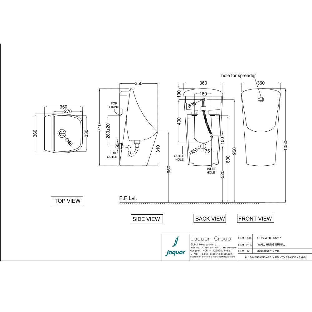 URINAL WITH SPREADER AND FIXING ACCESSORIES SET - JAQUAR SWARE - ( WHITE - URINAL - 360x350 mm - 14.4inchX14inch )