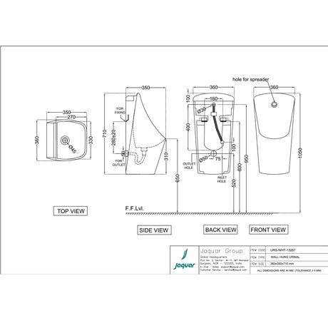 URINAL WITH SPREADER AND FIXING ACCESSORIES SET - JAQUAR SWARE - ( WHITE - URINAL - 360x350 mm - 14.4inchX14inch )