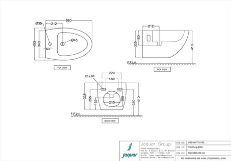 WALL HUNG BIDET WITH ACCESSORIES SET - JAQUAR SWARE - ( WHITE - VIGNETTE - 400x580x350 mm - 16inchX23.2inchX14inch )