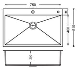 1 BOWL W/O DRAIN BOARD W/INOX 100 FAUCET W/ACCESSORIES(DEPTH 8 ) FULL LOADED THK 1MM - CARYSIL -  ( MATT - WALTZ 750 R10 FULL LOADED - 750x500 mm - 30inchX20inch )