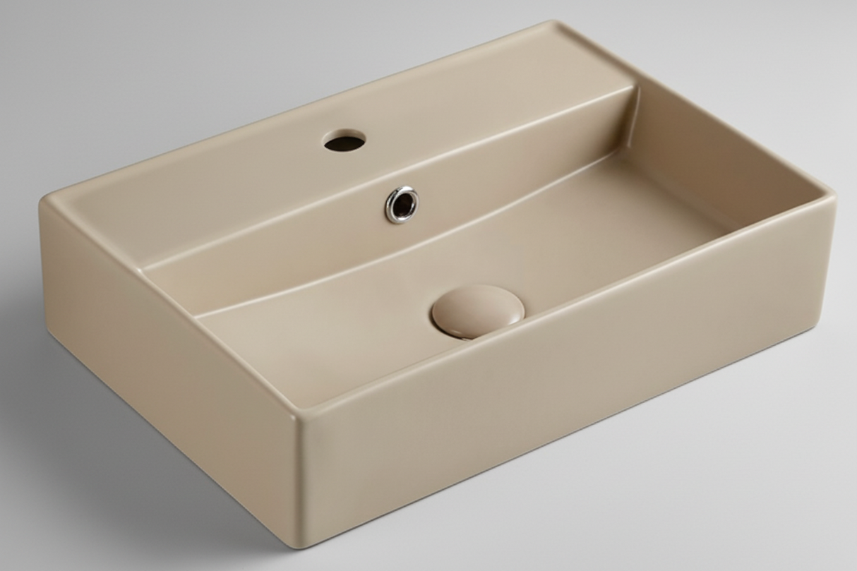 TABLE TOP WASH BASIN WITH TAP HOLE AND OVERFLOW, WITHOUT WASTE COUPLING - LUXELET -  ( ALMOND BEIGE - NEOTRA COLLECTION - 500x350x120 mm - 20inchX14inchX4.8inch )