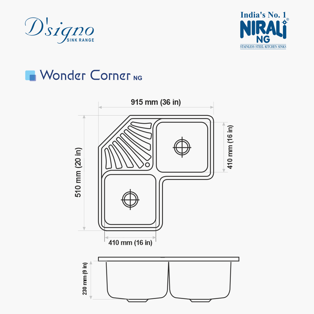 SS SINK 2.0 BOWL WITH DRAIN BOARD(DEPTH 9INCH)WONDER CORNER SMALL - NIRALI -  ( SATIN - D SIGNO - 915x510 mm - 36inchX20inch )