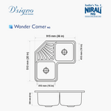 SS SINK 2.0 BOWL WITH DRAIN BOARD(DEPTH 9INCH)WONDER CORNER SMALL - NIRALI -  ( SATIN - D SIGNO - 915x510 mm - 36inchX20inch )