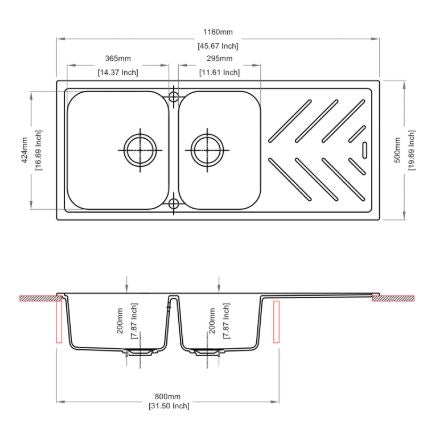 QUARTZ 2 BOWL WITH DRAIN BOARD (DEPTH 8INCH) WITH STEEL INLAYS W/P.KIT - CARYSIL -  ( NERA - NEW BEETHOVEN INLAY - 1160x500 mm - 46.4inchX20inch )