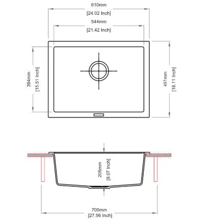 STD 1.0 BOWL(DEPTH 8INCH)W/CLEANING KIT - CARYSIL -  ( GRANITE METALLIC NERA - BIG BOWL - 610x457 mm - 24inchX18inch )